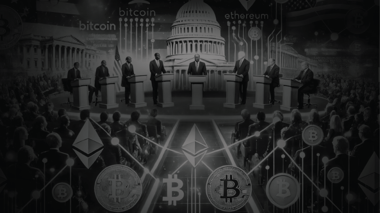 An image titled 'Politics Meets Crypto Markets,' featuring a backdrop of the U.S. Capitol building, political figures at podiums, and visual elements of cryptocurrency such as Bitcoin and Ethereum logos intertwined with digital circuit designs, symbolizing the intersection of governance and the crypto industry.