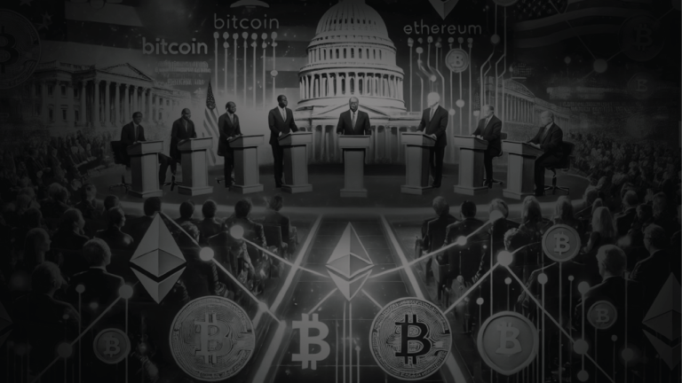 An image titled 'Politics Meets Crypto Markets,' featuring a backdrop of the U.S. Capitol building, political figures at podiums, and visual elements of cryptocurrency such as Bitcoin and Ethereum logos intertwined with digital circuit designs, symbolizing the intersection of governance and the crypto industry.