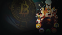 An image showcasing 'The Surging Wave of Memecoins: A Market Analysis,' featuring a playful illustration of Shiba Inu dogs and other meme-inspired characters riding a wave or balloon, alongside cryptocurrency symbols like Bitcoin in the background, emphasizing the rise of meme-based digital currencies.