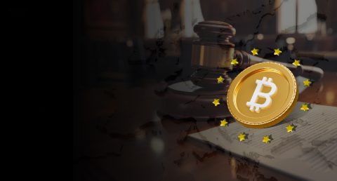 An image depicting Europe's new era of cryptocurrency regulation under MiCA (Markets in Crypto-Assets), featuring a prominent golden Bitcoin symbol surrounded by stars representing the EU, set against a backdrop of a gavel and legal documents.